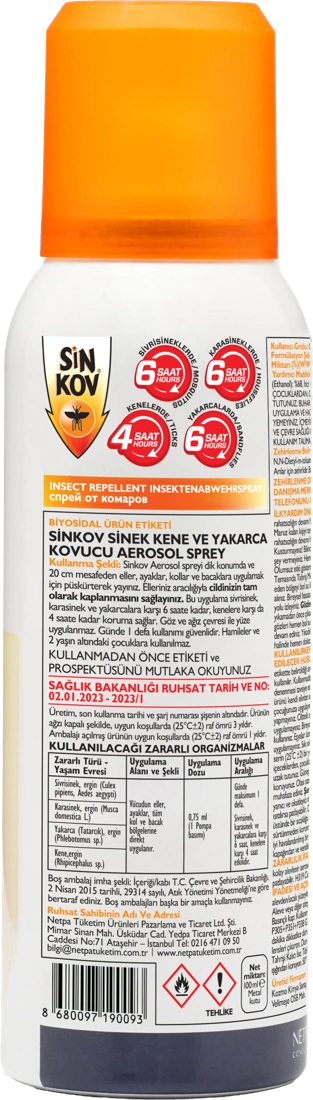 Sinkov Sinek, Kene ve Yakarca Kovucu Aerosol Sprey — arka yüz
